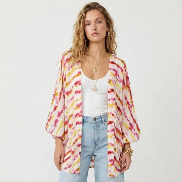 Anthropologie Pink Yellow Tie Dye Kimono Boho Festival Vacation Top OS - Picture 12 of 12